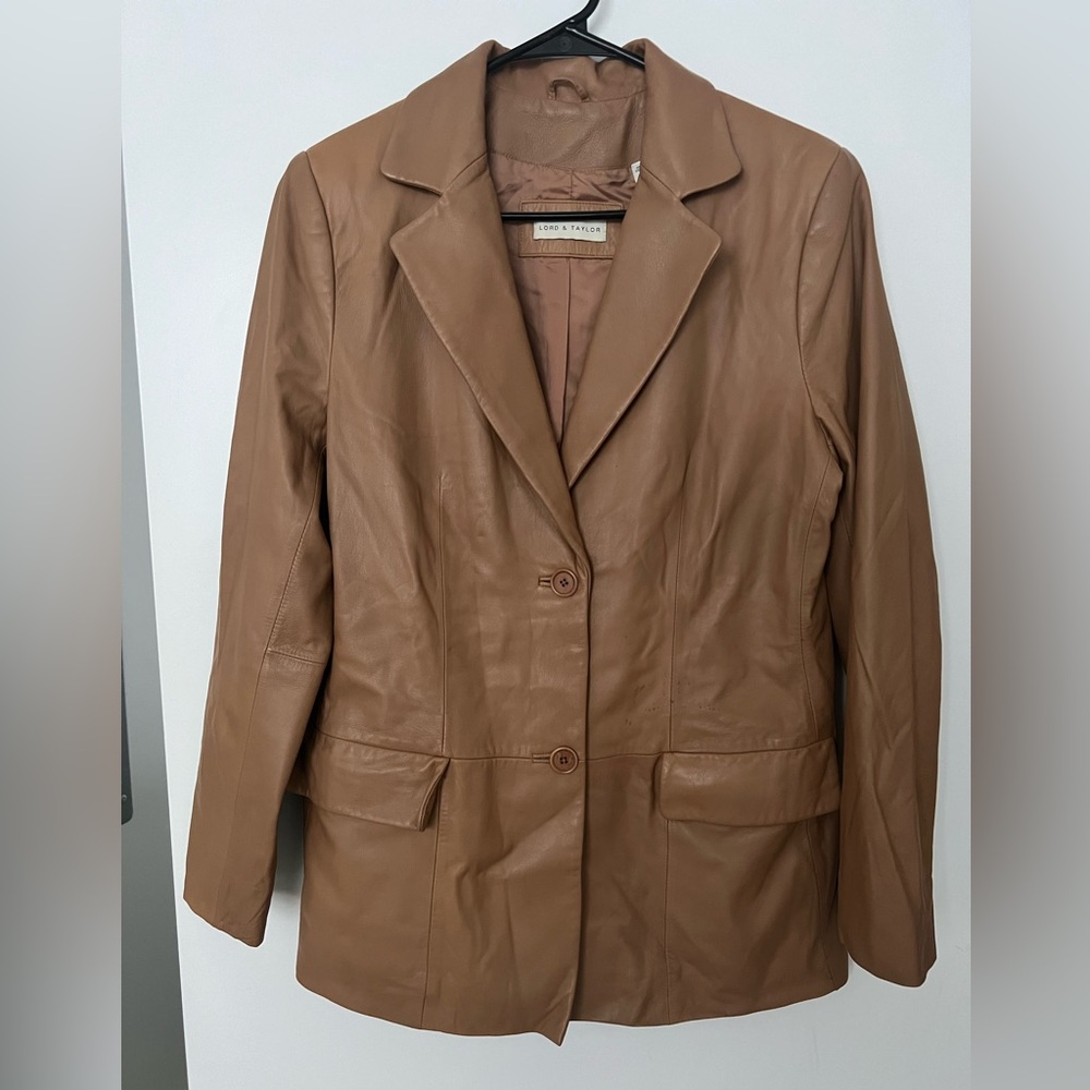 A Lord & Taylor Leather Blazer. Dark Tan, size medium.